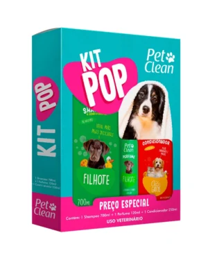 Kit Pop Pet Clean com shampoo neutro 700ml, condicionador 250ml e perfume 120ml para cães e gatos