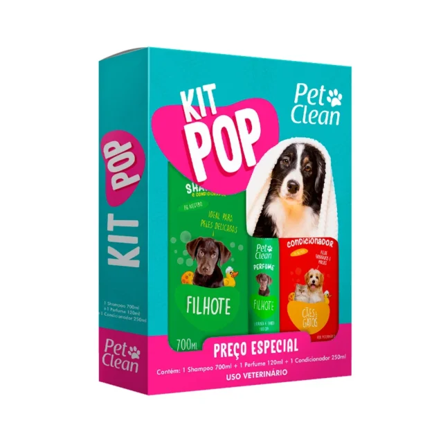 Kit Pop Pet Clean com shampoo neutro 700ml, condicionador 250ml e perfume 120ml para cães e gatos